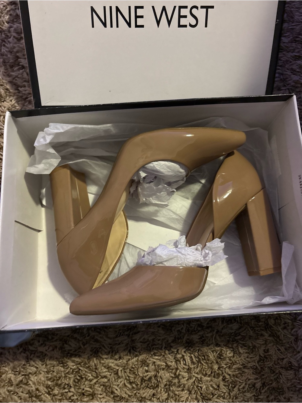 Nine West Nude Patent Block Heel Pumps
